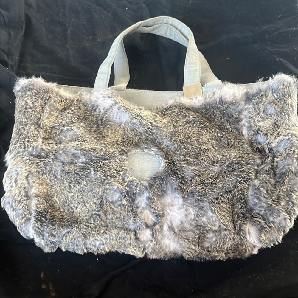 Gray Faux Fur Tote with White Canvas Handles